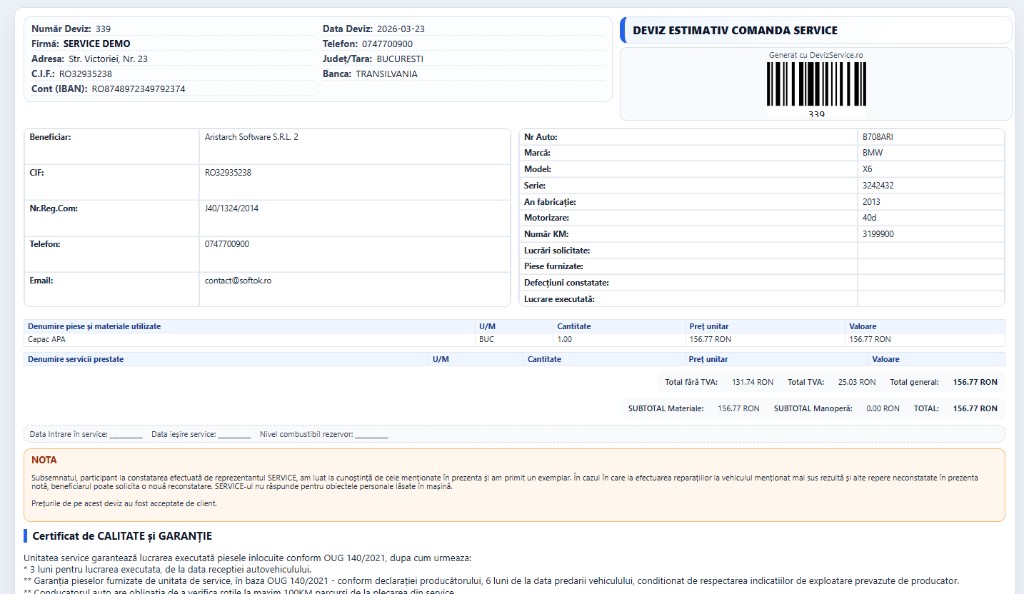 Model print Deviz estimativ comandă service
