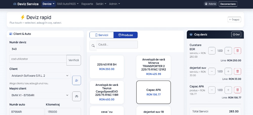 Deviz rapid — selectare client, catalog și coș de poziții