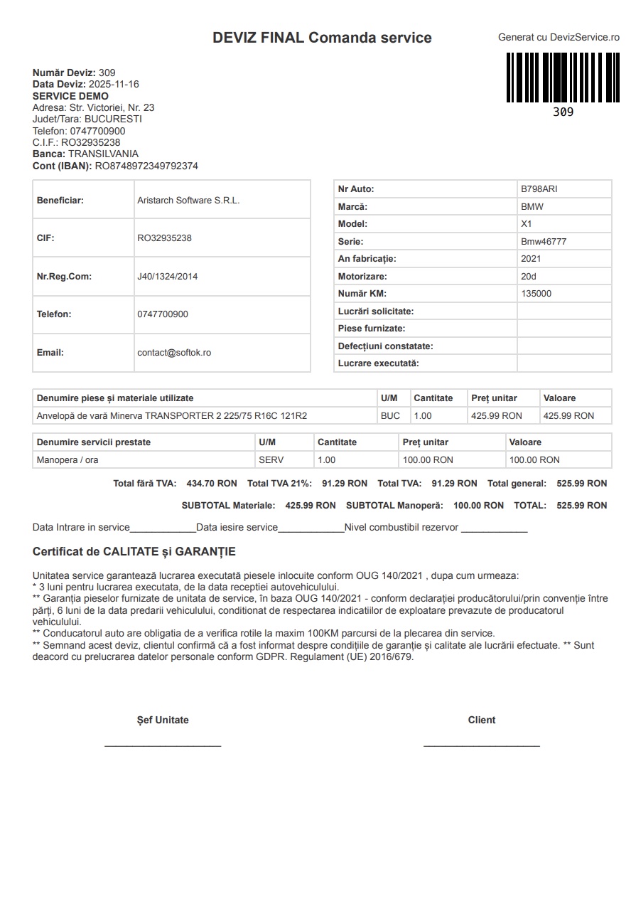 Model deviz service auto complet generat cu aplicația DevizService.ro
